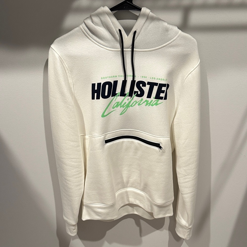 Hollister White Hoodie with Black and Green Details
